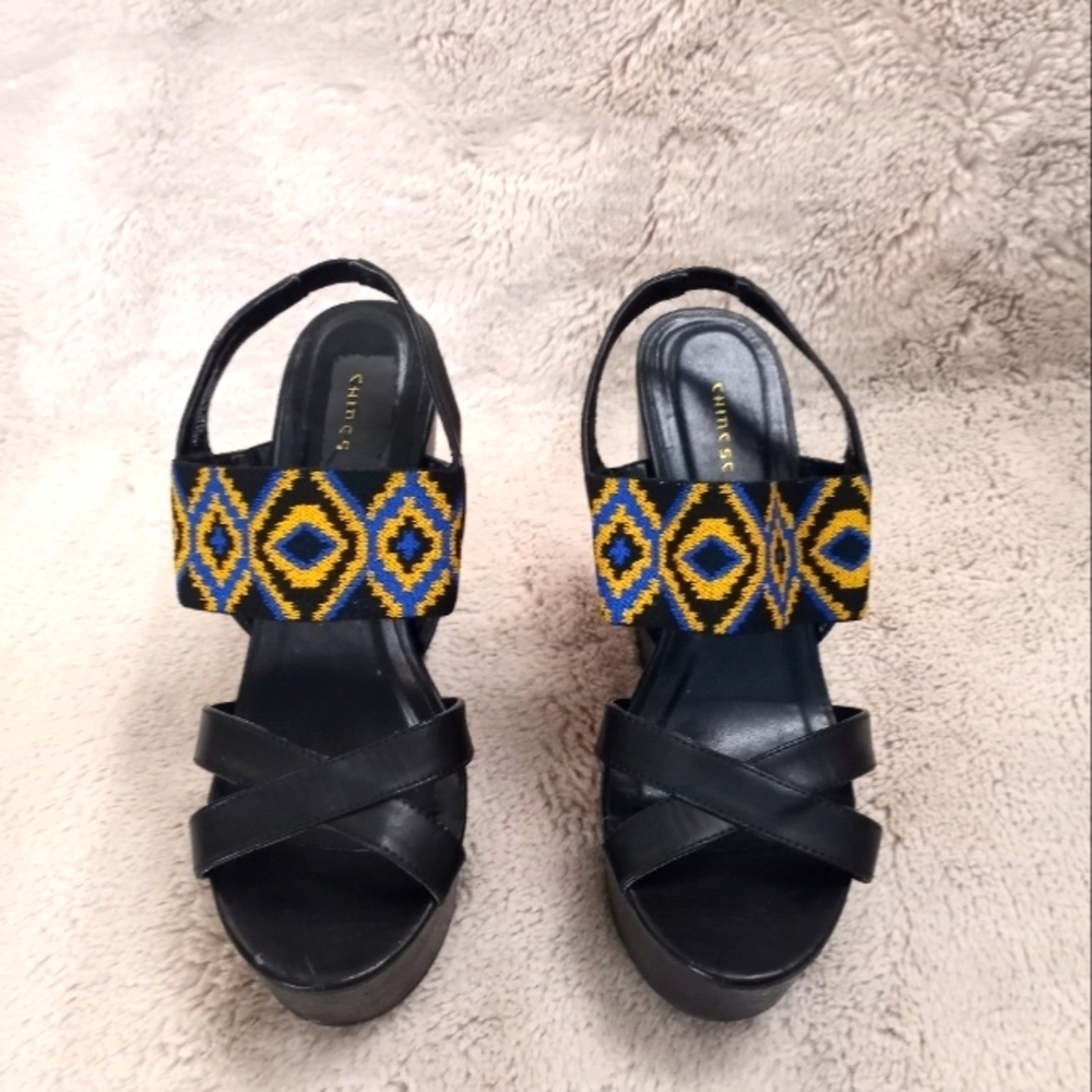 Chinese Laundry Bohemian Batik Print Leather Strappy Slingback Platform Sandal - Picture 2 of 8